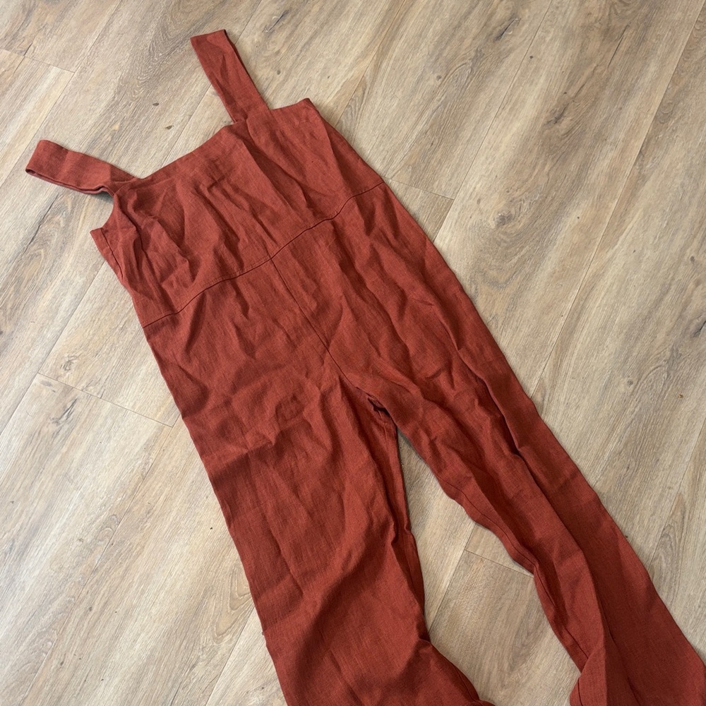 Sleeveless Rust Red Linen-Blend Wide Leg Jumpsuit